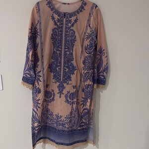 Indian Pakistani shalwar Kameez 3 pc suit indigo purple and beige